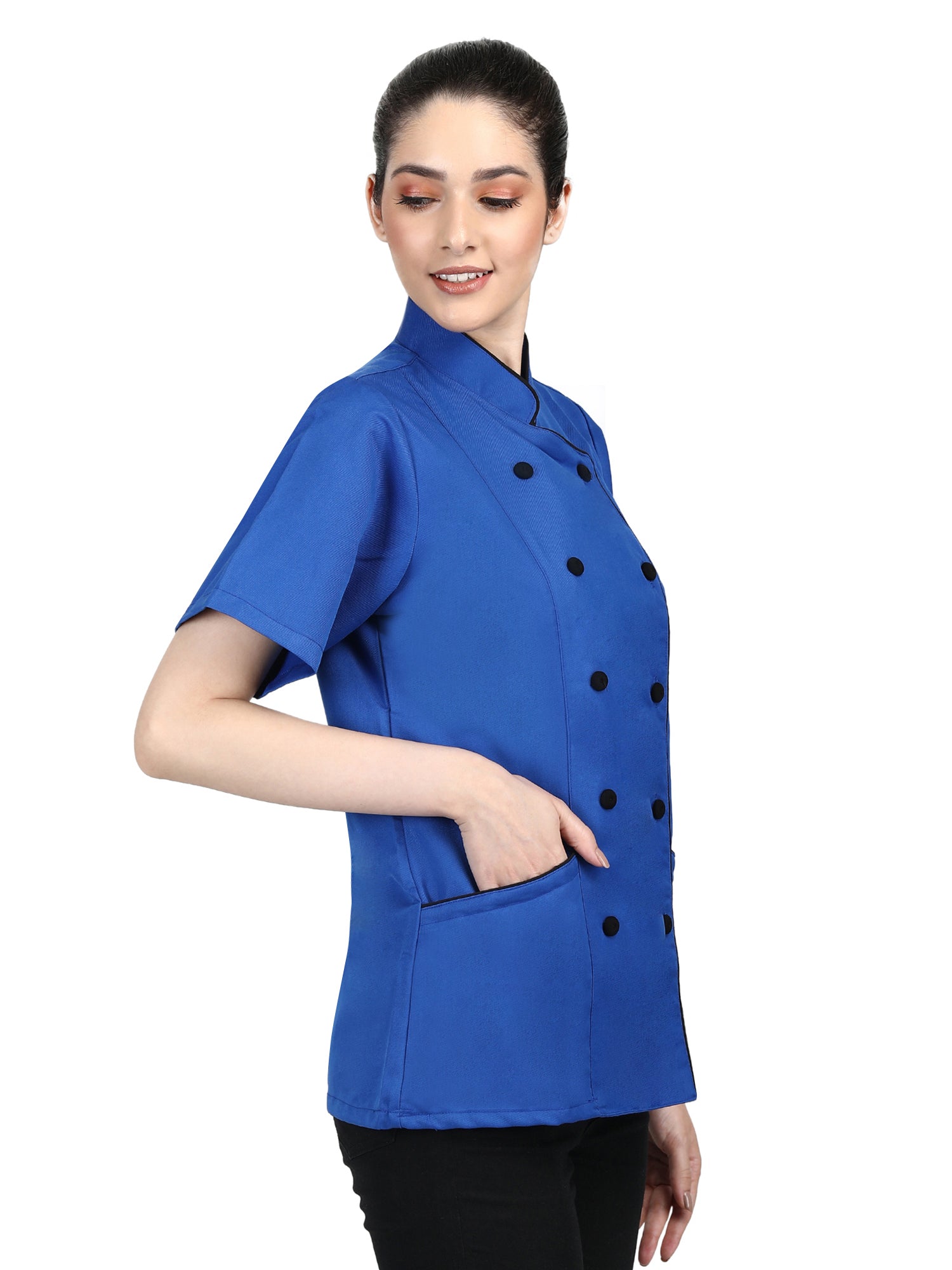 Short Sleeves Tailored Fit Chef Coat Jacket Uniform for Women for Food Service, Caterers, Bakers and Culinary Professional – Royal Blue